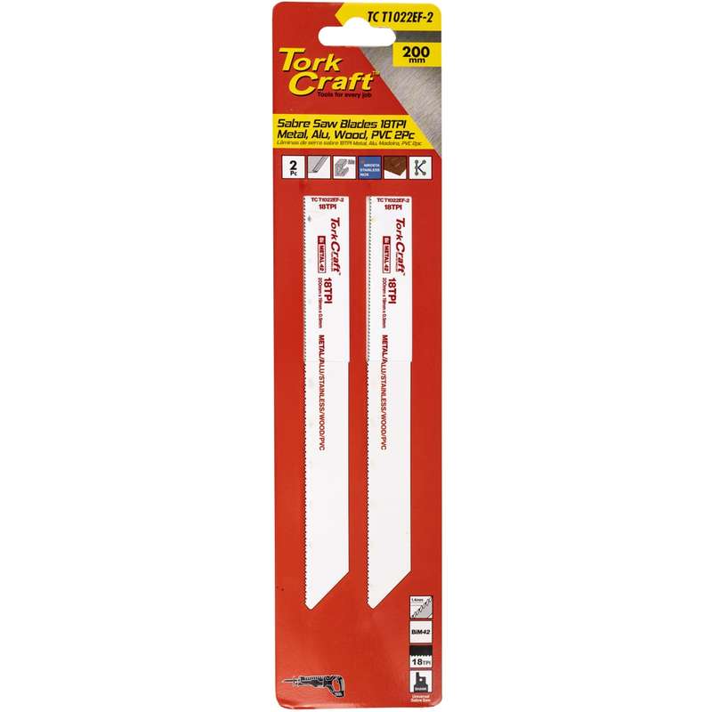 Tork Craft Sabre Saw Blade 200 X 1.4mm 18tpi  Metal, Pvc 2pc