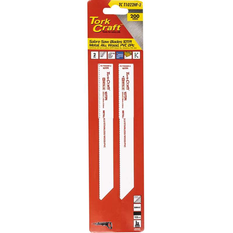 Tork Craft Sabre Saw Blade 200 X 2.5mm 10tpi Wood, Metal, Pvc,al 2pc