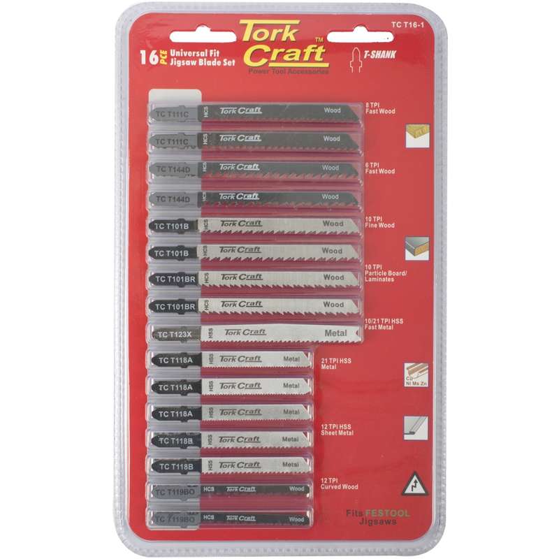 Tork Craft T-shank Jigsaw Blades 16pc Set Assorted Metal & Wood Cutting
