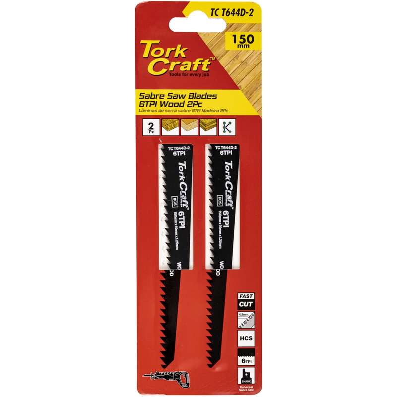 Tork Craft Sabre Saw Blade 150 X 4.3mm 6tpi Wood 2pc