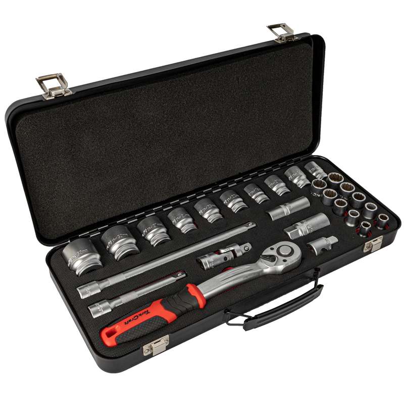 Tork Craft Socket & Ratchet Set 27pc 1/2\' Dr Crv 12 Point Metal Case