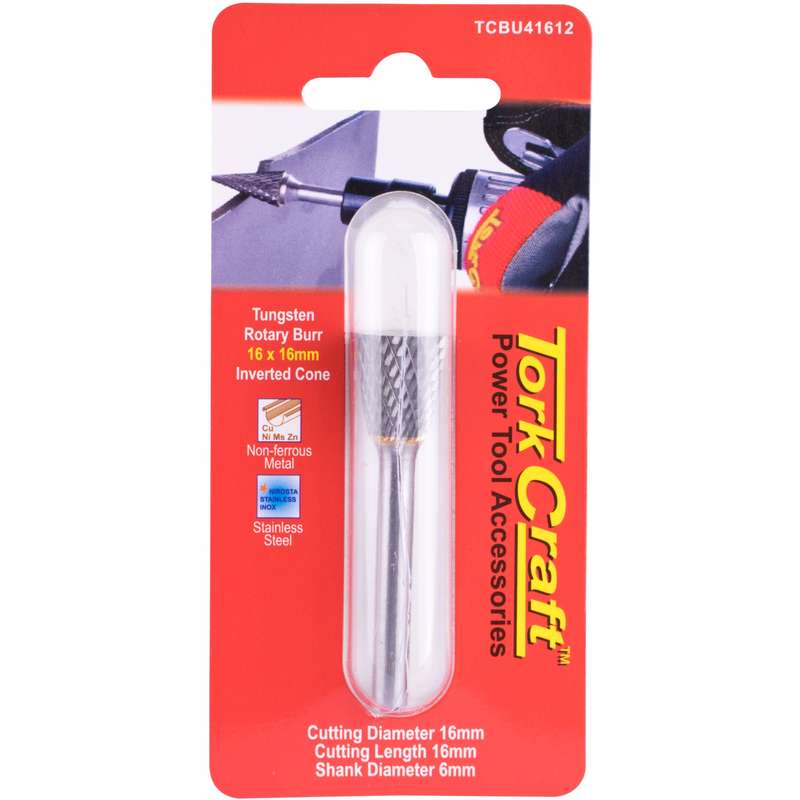 Tork Craft Rotary Burr Tungsten 16x6x16mm Inverted Cone