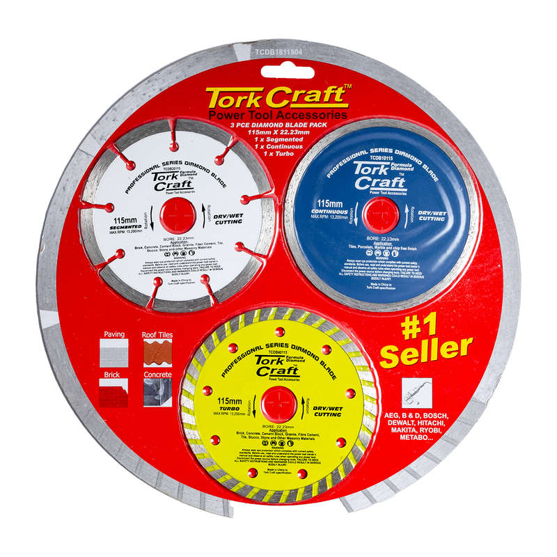 Tork Craft Diamond Blade 3pce Set 115 Con Seg Turbo Colour Pack