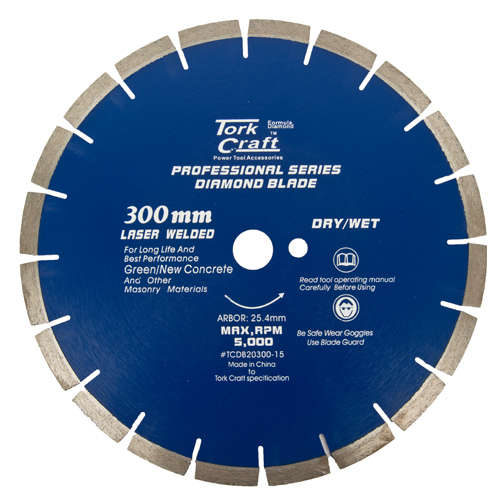 Tork Craft Diamond Blade 300 X 25.4mm Green / New Concrete Laser Welded Segmented
