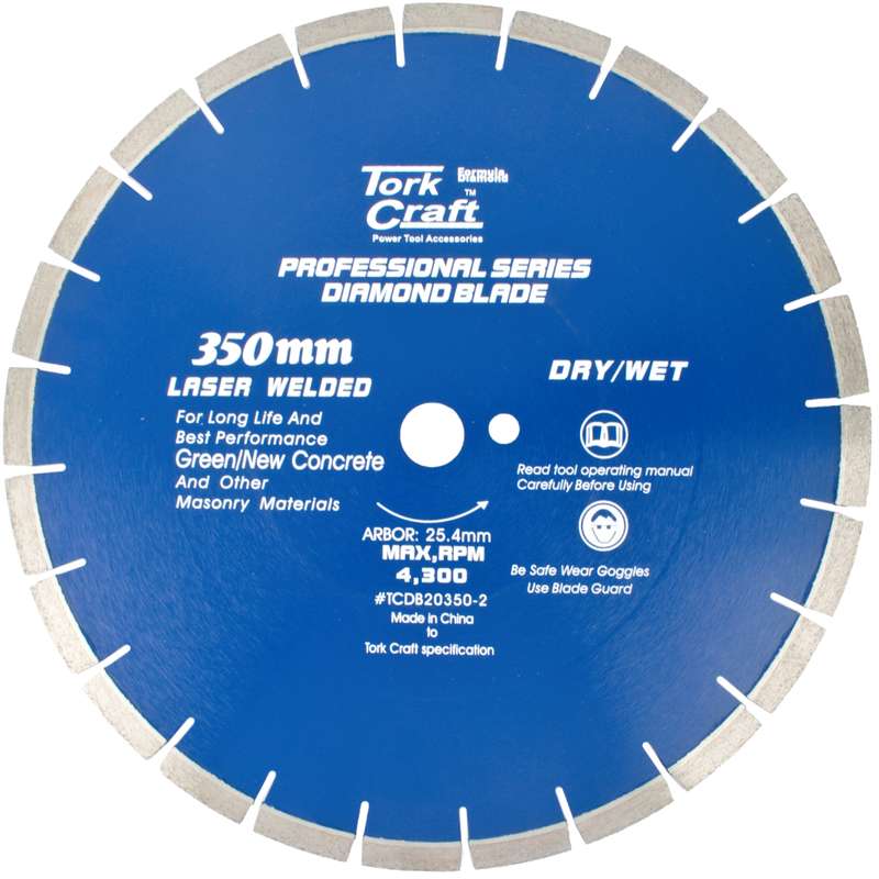 Tork Craft Diamond Blade 350x25.4mm Green / New Concrete Laser Welded Segmented