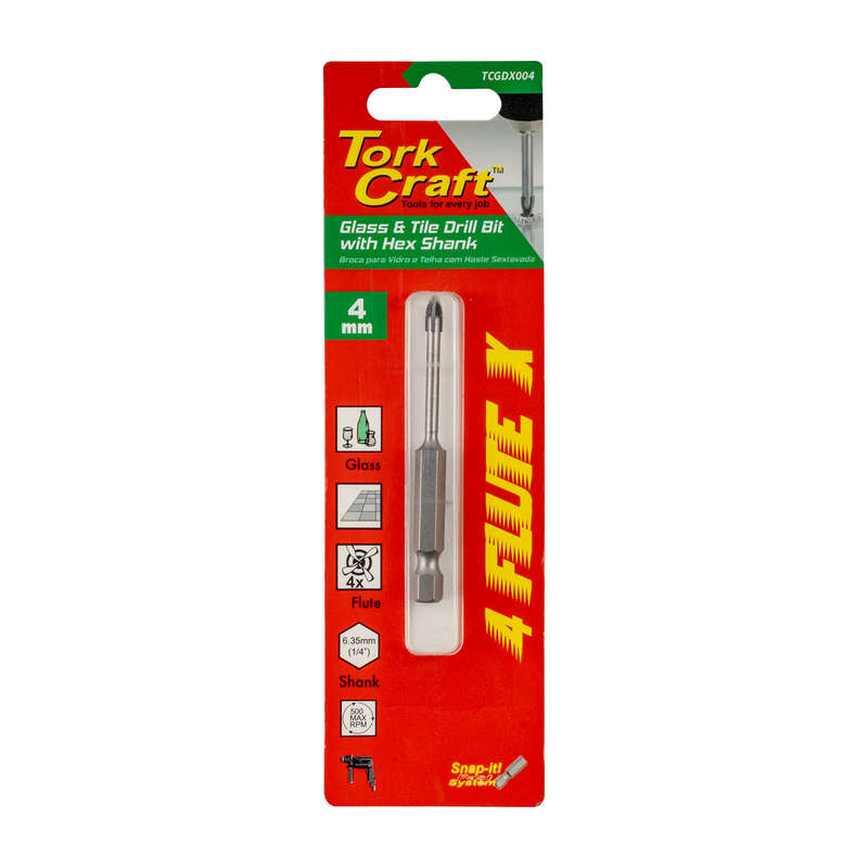 Tork Craft Glass & Tile Drill 4mm 4 Flute With Hex Shank