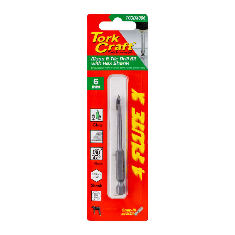 Tork Craft Glass & Tile Drill 6mm 4 Flute With Hex Shank
