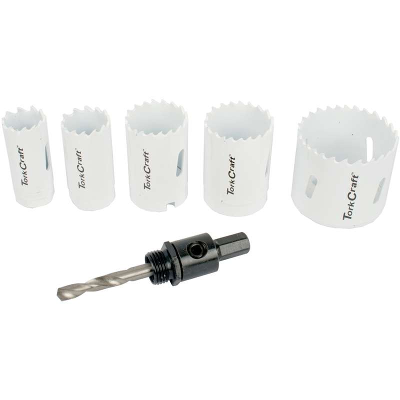 Tork Craft Hole Saw Set 6pce Bi-metal (22/25/32/35/51mm & 3/8 Hex Mandrel)