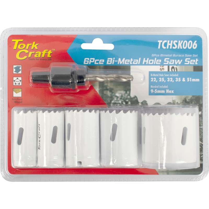 Tork Craft Hole Saw Set 6pce Bi-metal (22/25/32/35/51mm & 3/8 Hex Mandrel)