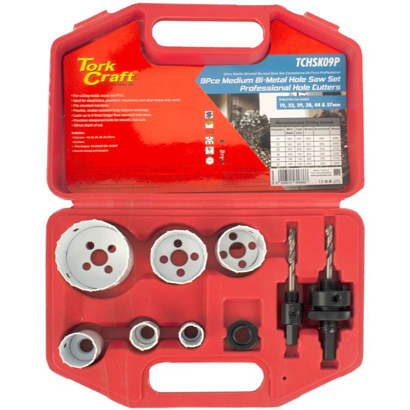 Tork Craft Holesaw Set 9pc In Case Bi-metal 19 22 29 38 44 57mm