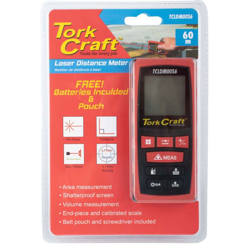 Tork Craft Laser Distance Meter 0.2 - 60m Vol/area/min/max/pyth Aaa Bat Inc