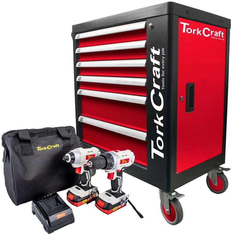 Tork Craft 6 Drawer Roller Tool Cabinet 184pc Tc620050 C/w Drill & Impact Driver