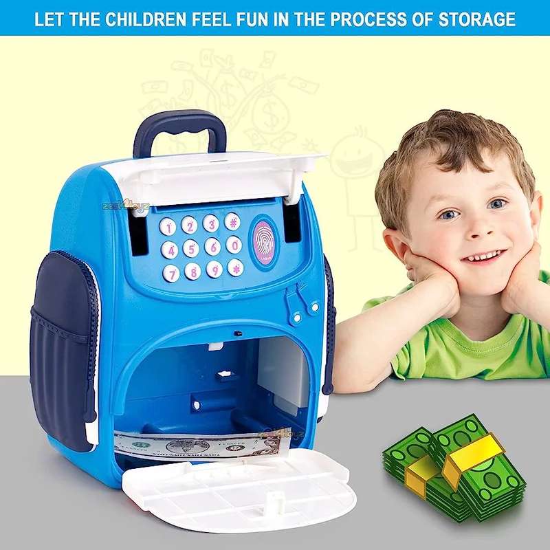 Kid's ATM Piggy Bank Money Saving Bank for Real Money Cash Coin School Bag