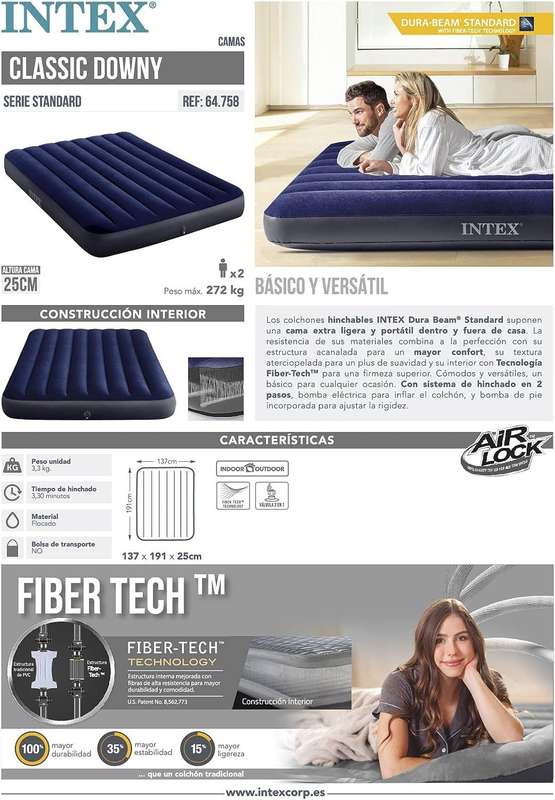 Intex 64758 Classic Downy Square and Half Mattress in Fiber Tech 137X191X25 cm