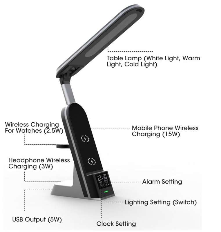 7 in 1 15W Wireless Fast Charger - Desk Lamp &amp; Alarm Clock - AB-S860