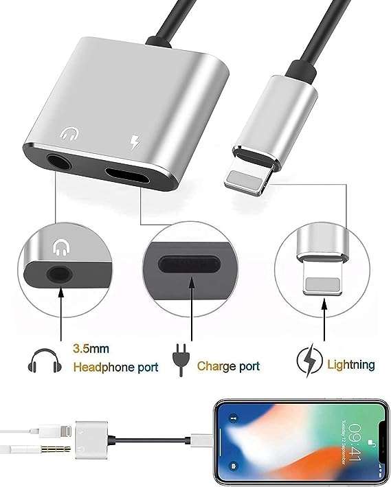 iPhone Adapter Splitter - Lightning iPhone Male to 3.5 mm Female Headphone Aux Jack &amp; Lightni...
