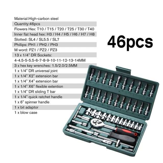 46 Pcs Multifunction Screwdriver Kit Ratchet Wrench Socket Set Car Repair Hand Tool Set