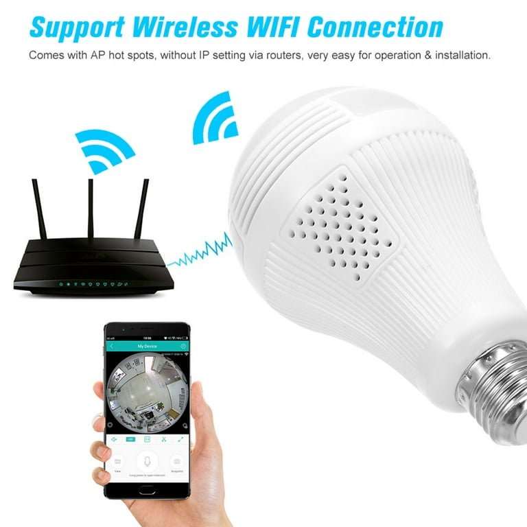 E27 WIFI 360 Bulb Camera - Mini Panoramic Fish Eye Camera - Night Vision, Support for Android/iOS...