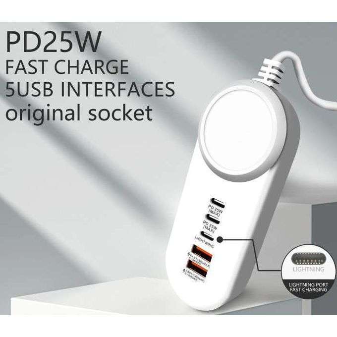 25W 2 Pin Plug Travel Adapter With 2 USB Ports 1 Lightning Port And 2 PD Ports