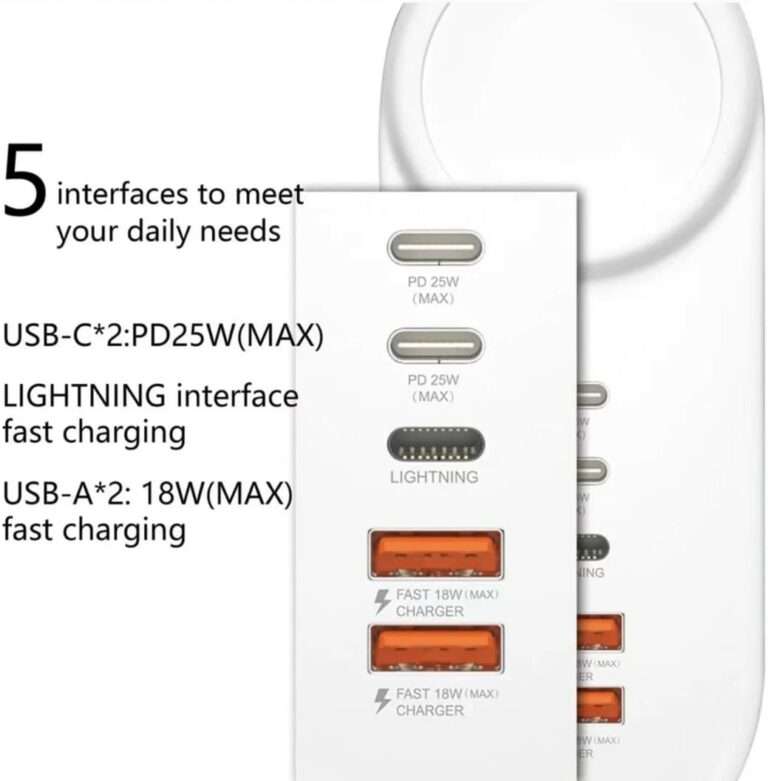 25W 2 Pin Plug Travel Adapter With 2 USB Ports 1 Lightning Port And 2 PD Ports