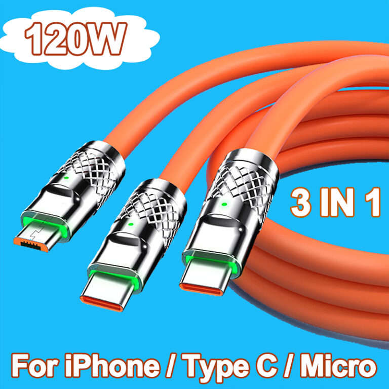 120W 6A 3 in 1 Silicone Zinc Alloy Cable with Type C, Micro USB & Lightning -S-219