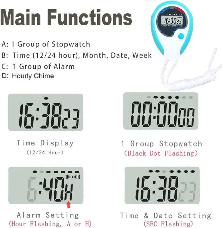 Digital Stopwatch - Large Screen Handheld Count Up Timer with Time Calendar Clock Function