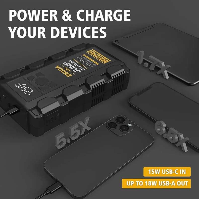 Jump Starter with Air Compressor - 2500A Car Battery Booster Pack - 150PSI Digital Tire Inflator,...