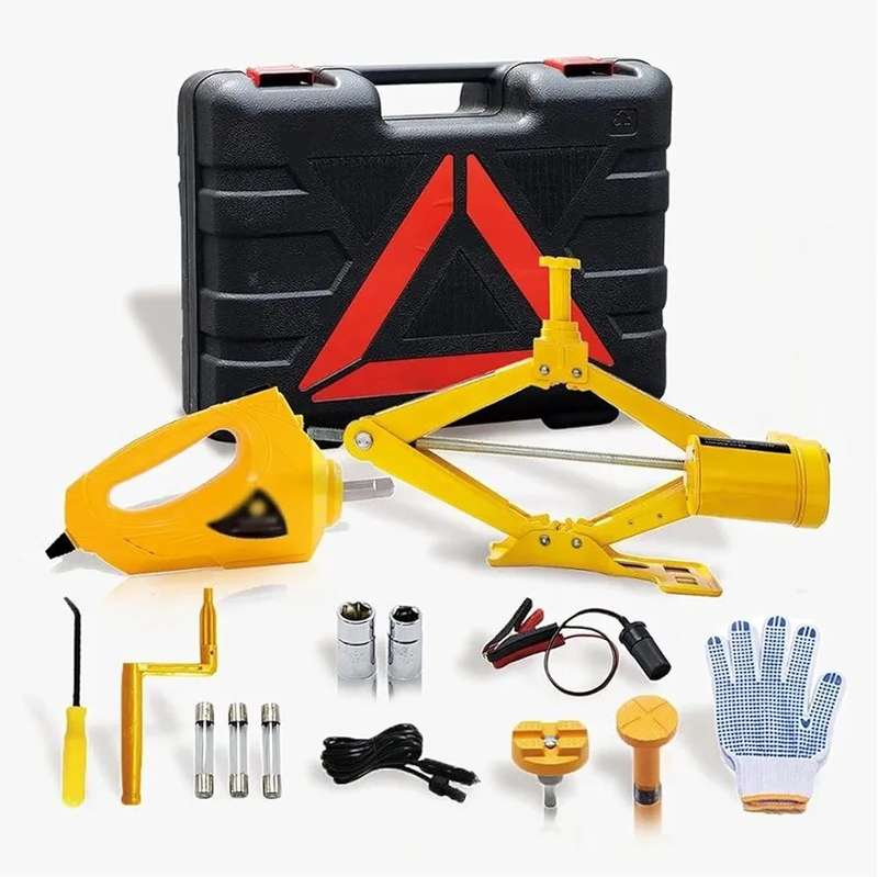 12V Car Electric Scissor Jack Lifting Set - Impact Wrench Tool Built-in Flash LED Light for Emerg...