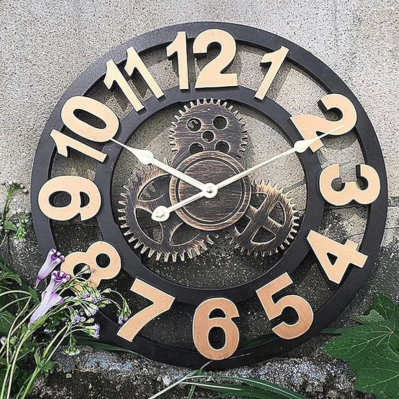 12 Inch Vintage Large Garden Clock Industrial Wind Mechanical Gear Outdoor Clock Open Face Decor