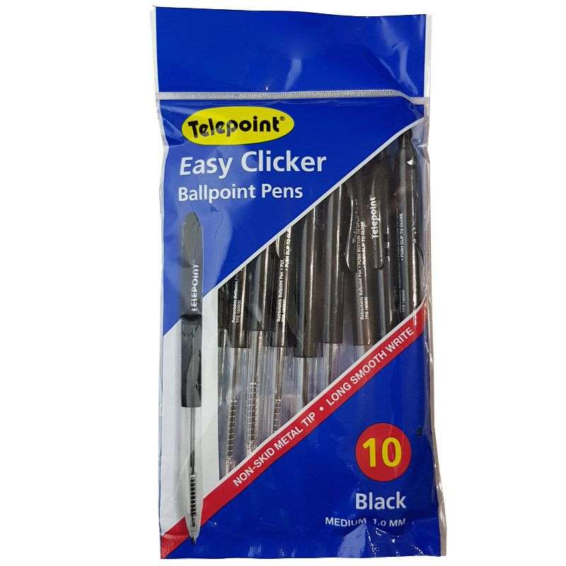 Easy Clicker Ball Point Pens - Black Pens Pack of 10