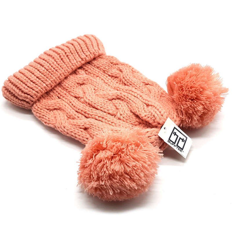 Winter Warm Knitted Twin Pom Pom Beanie - Flamingo