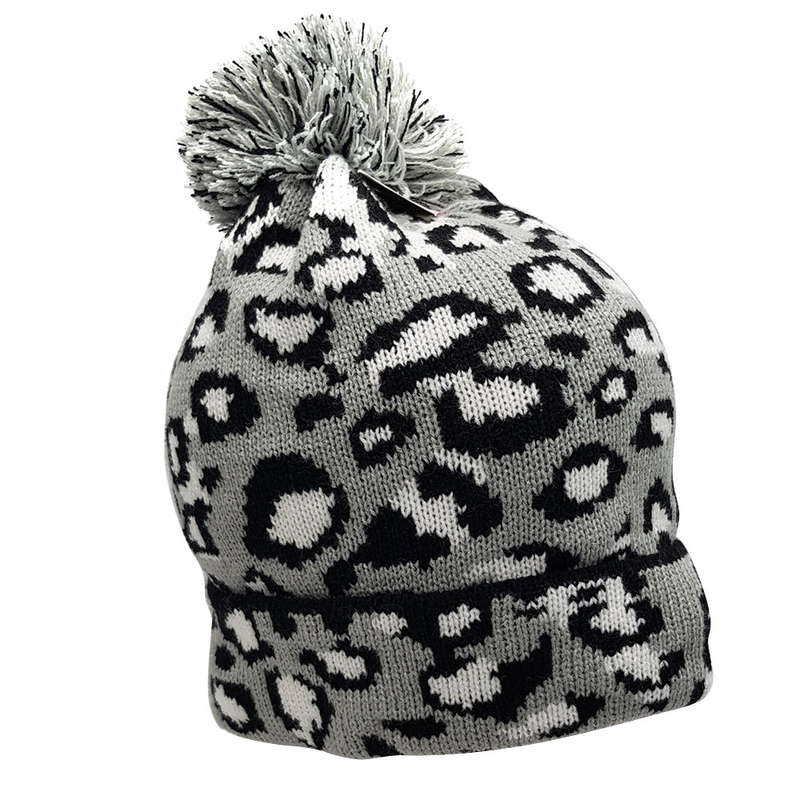 Warm Winter Ice Leopard Print Pom Pom Beanie