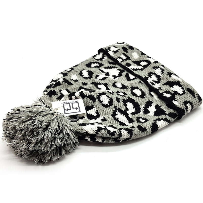 Warm Winter Ice Leopard Print Pom Pom Beanie