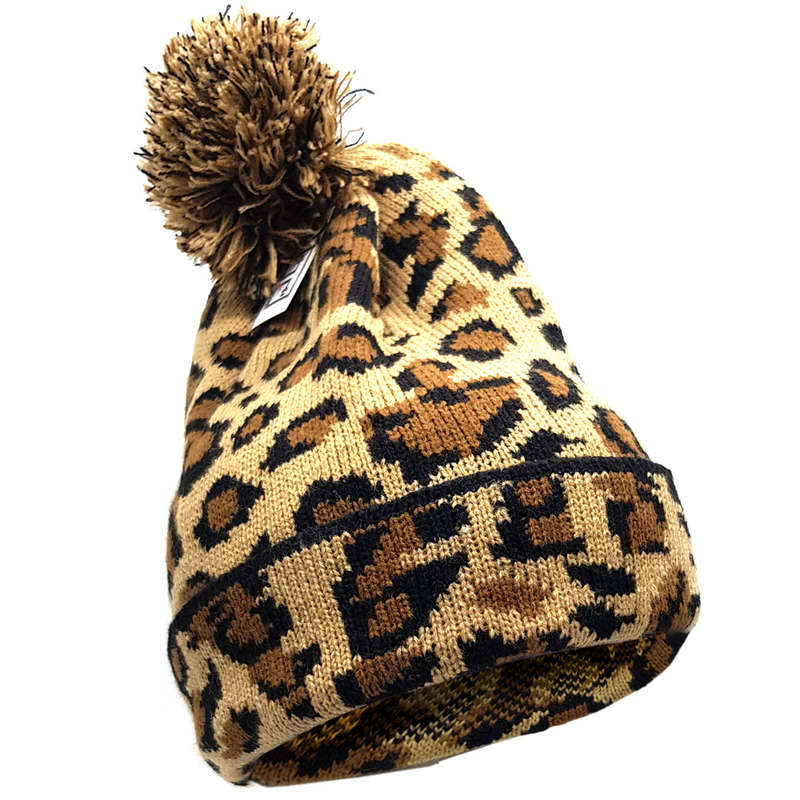 Warm Winter Leopard Print Pom Pom Beanie