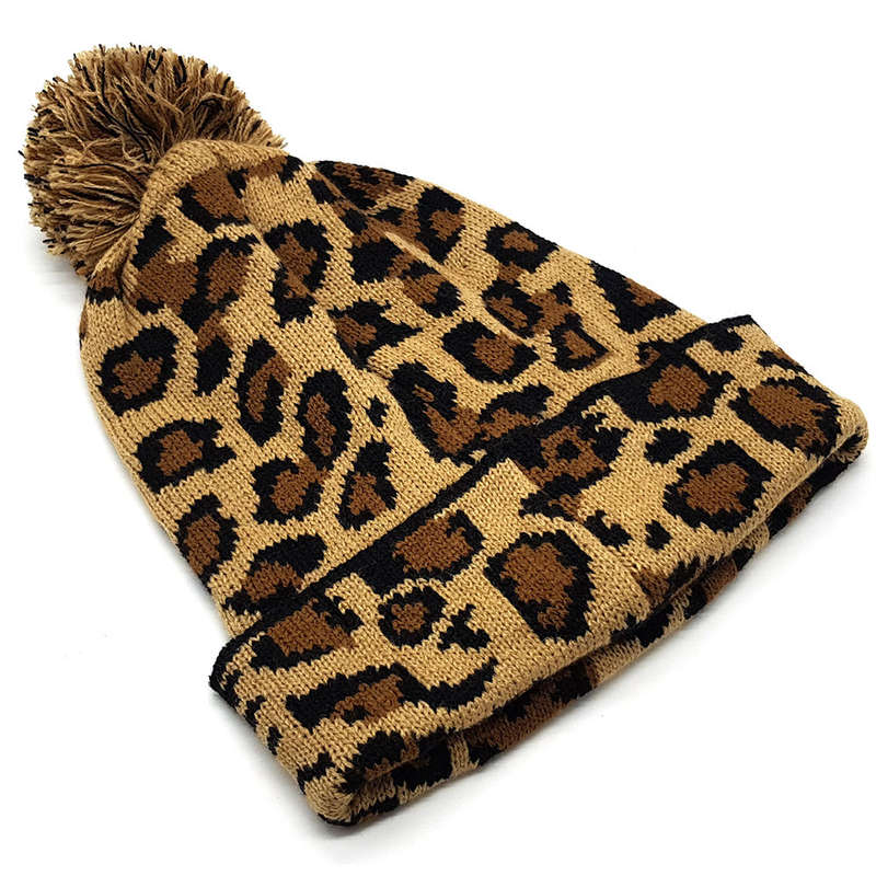 Warm Winter Leopard Print Pom Pom Beanie