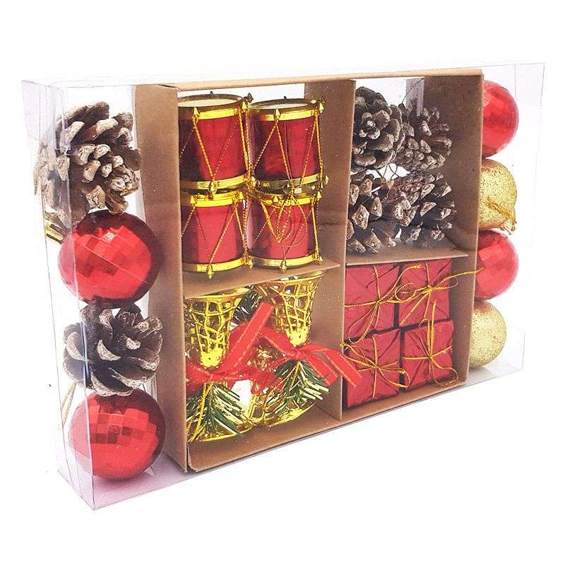 Bufftee 24 Piece Small Christmas Tree Baubles Pine Cones Bells Drums - Red