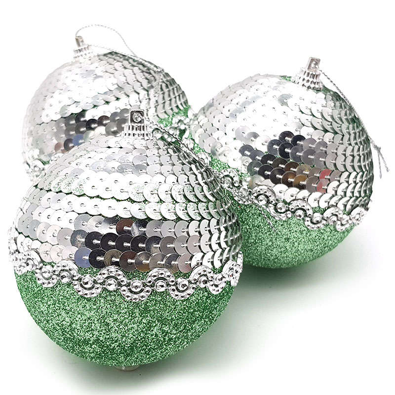 Christmas Baubles -Green Sequence Christmas Balls - 3 Pack
