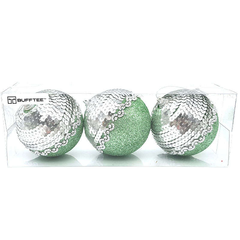 Christmas Baubles -Green Sequence Christmas Balls - 3 Pack