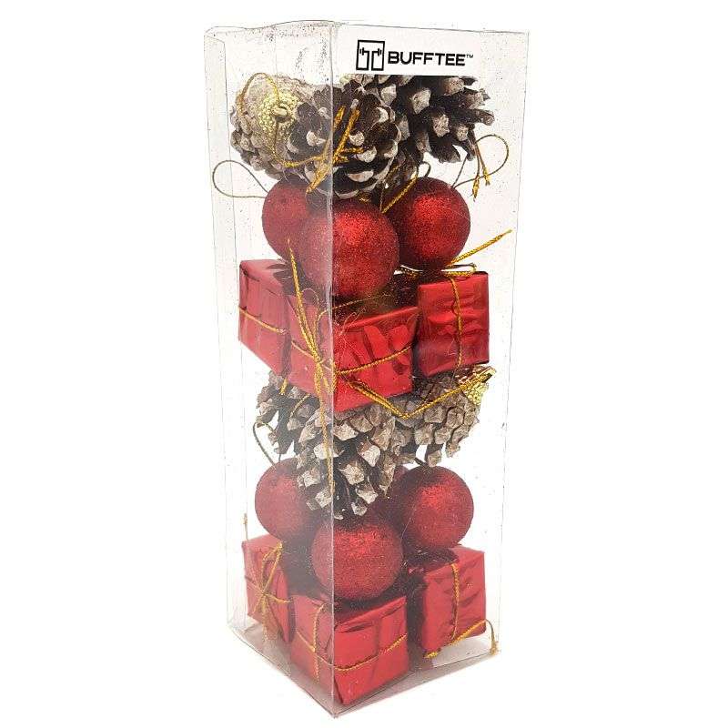 Bufftee 24 Piece Small Christmas Gifts Tree Baubles Pine Cones Red Tones