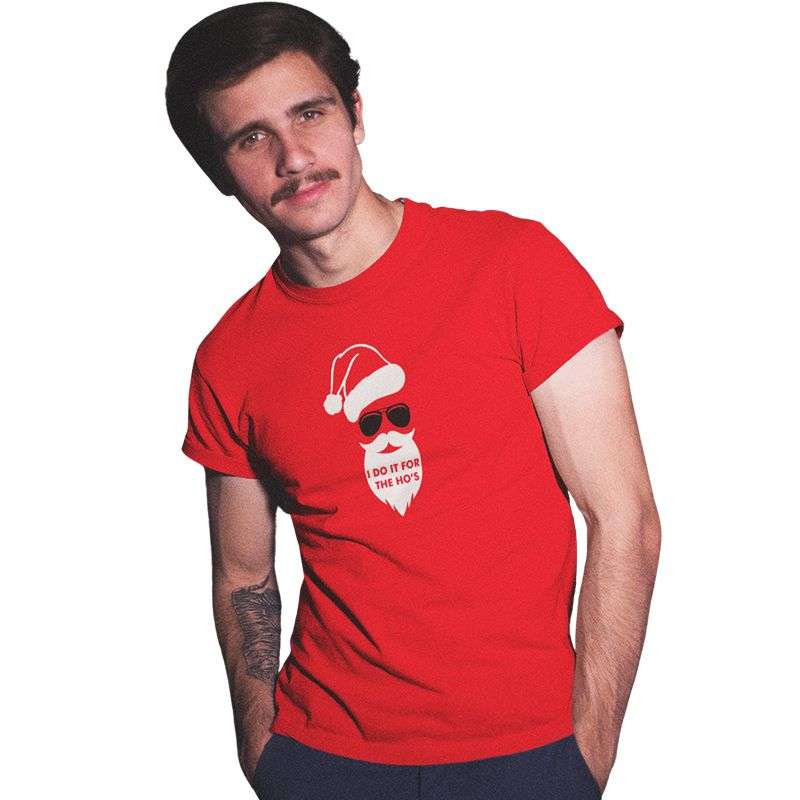 Bufftee Funny Christmas T-Shirt Mens - Festive cool Santa in shades- Red