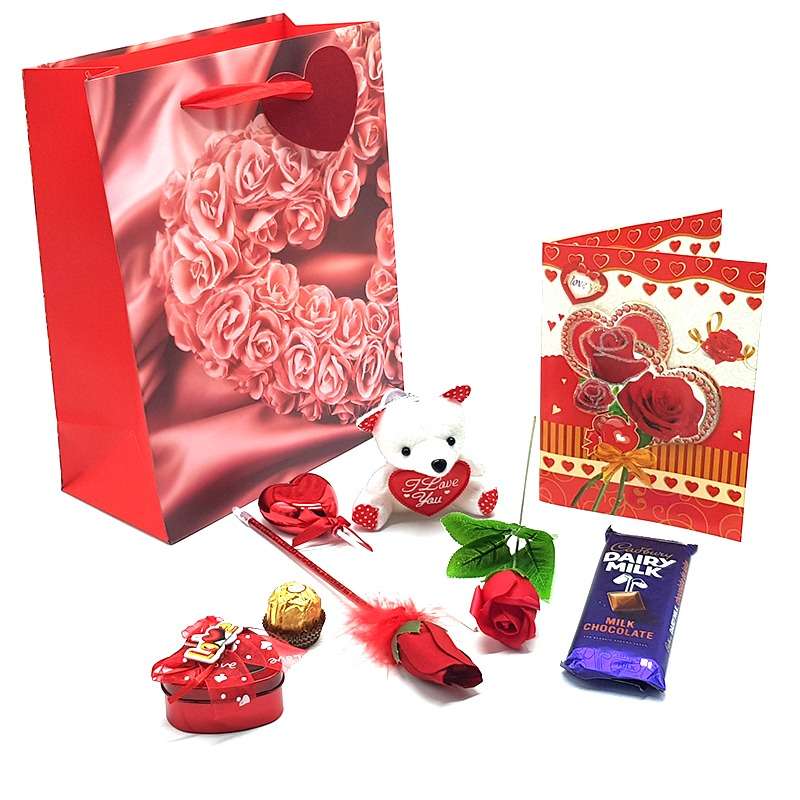 Bufftee Valentines Day Roses, Chocolates & Teddy Bear Gift Set