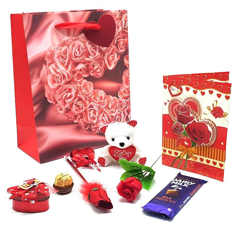 Bufftee Valentines Day Roses, Chocolates & Teddy Bear Gift Set