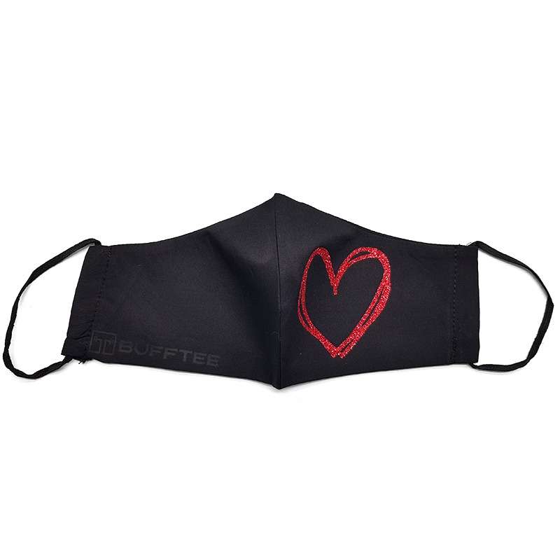 Bufftee Glitter Heart Outline 3 Ply Face Mask - Valentines days Mask