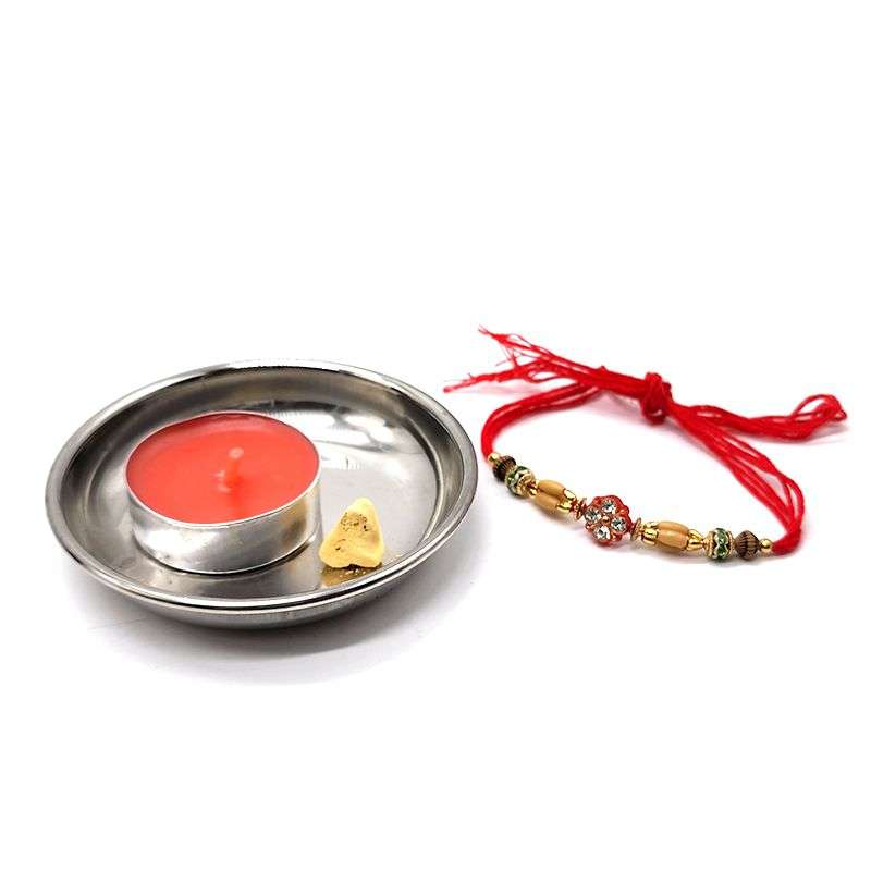 pX - Raksha Bhandan Set -Rakhi -Tea Light &amp; Chandan in Mini Silver Tray