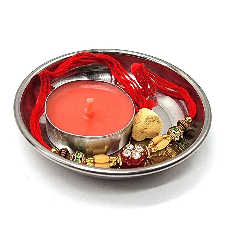 pX - Raksha Bhandan Set -Rakhi -Tea Light &amp; Chandan in Mini Silver Tray