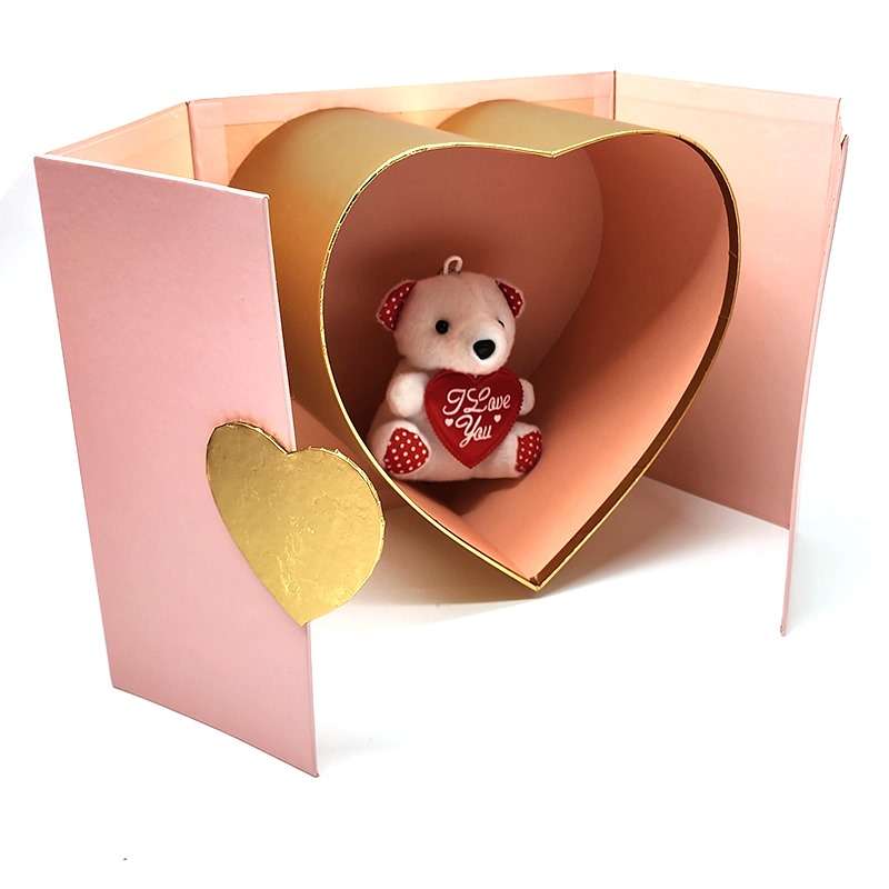 PurpleX Valentine's Day 21cm Square Pink Gift Box With Gold Heart and Teddy Bear