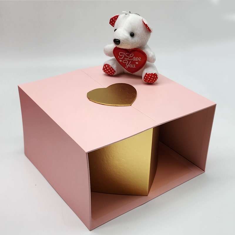 PurpleX Valentine's Day 21cm Square Pink Gift Box With Gold Heart and Teddy Bear