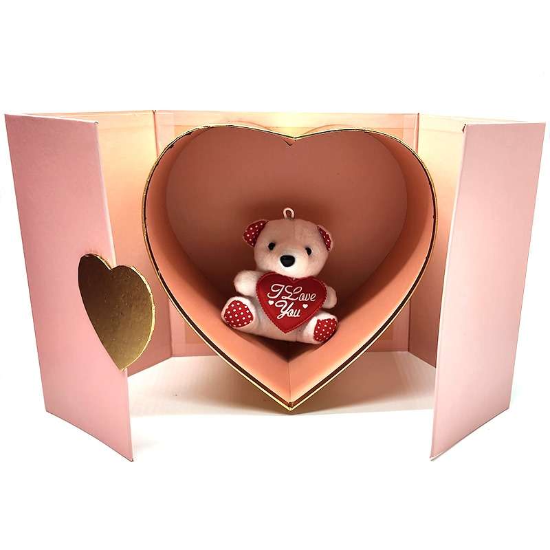 PurpleX Valentine's Day 21cm Square Pink Gift Box With Gold Heart and Teddy Bear
