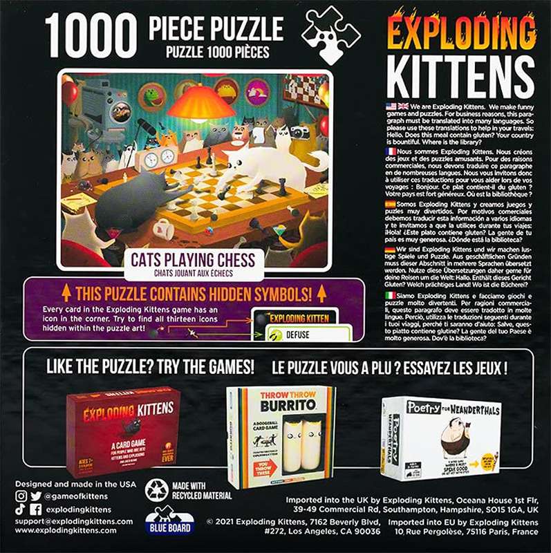 Exploding Kittens: Cats Playing Chess - 1000 Piece Puzzle (New) - The Oatmeal 1000G
