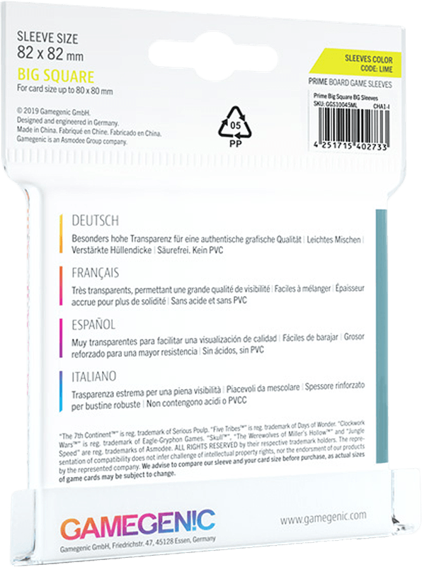 Prime Board Game Sleeves: Big Square - 50 Pack (New) - Gamegenic 60G